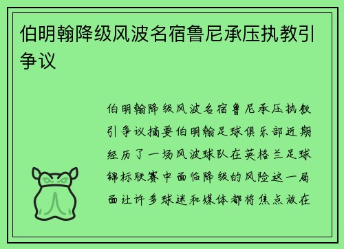 伯明翰降级风波名宿鲁尼承压执教引争议 伯明翰降级风波名宿鲁尼承压执教引争议