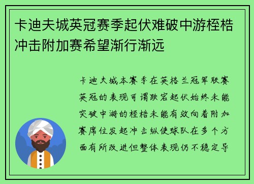 卡迪夫城英冠赛季起伏难破中游桎梏冲击附加赛希望渐行渐远